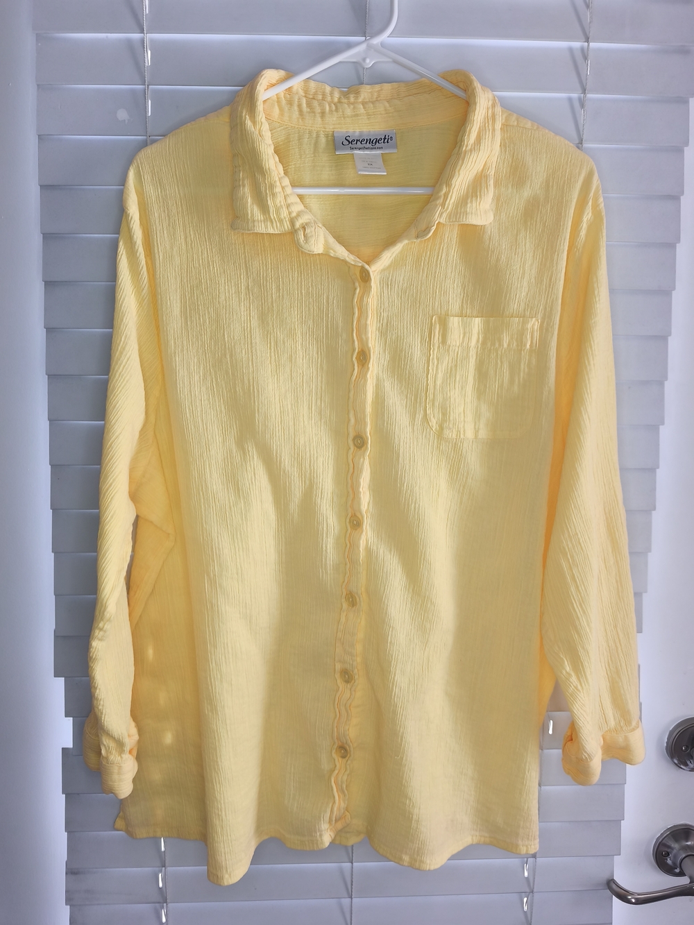 Serengeti Womens Yellow Crinkle Cotton Gauze Button Up Big Shirt Pocket 2X EUC